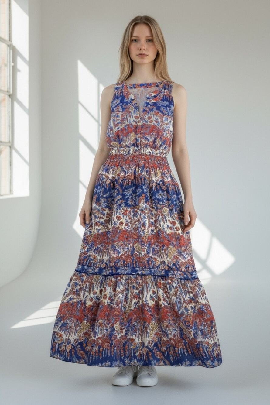 J. McLaughlin Maxi Dress Womens L Multicolor Medallion Floral Linen Wide Strap